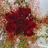 Buchet cu trandafiri roșii, crenguțe decorative și bobițe roșii, pe fundal de plasă roșie.