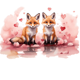 two foxes sitting on a cloud with hearts