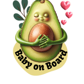 a cartoon avocado with a baby on board