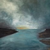 Abstract seascape painting with dark shoreline and a soft yellow sunset on the horizon