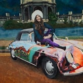 Colourful painting of a woman sitting on a painted vintage car in front of a grand building