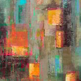 Abstract painting with textured blocks in orange and teal on a muted green background
