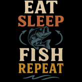 Eat Sleep Fish Repeat design with leaping bass and colorful retro text in orange, blue, cream and go