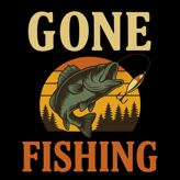 Retro-style fishing shirt with leaping bass, trees, and sunset behind bold text that reads “Gone Fis