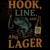 Funny fishing shirt with leaping bass, beer mug, and text “Hook, Line, & Lager” in bold vintage-styl