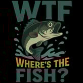 Vintage-style fishing design featuring bold text “WTF Where’s the Fish” with a cartoon bass jumping 