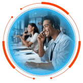 Man and woman in headsets providing remote IT support.