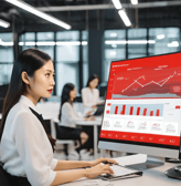 AI a woman sitting at a desk with a monitor and a monitor screen