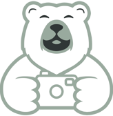 Logo de Papa Ours Photo – un ours souriant tenant un appareil photo