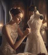 Woman dressmaker adjusts lace on mannequin in studio.