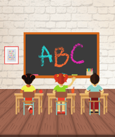 a group of children sitting at desks in a classroom