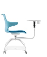 Blue Dora training chair with tablet arm, white frame, and castors, side view