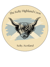 Round circle with an image of a highland cow with the background of a scottish flag