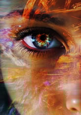 a woman's eye is reflected in a photo