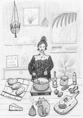 Rezeptillustration, eine Frau kocht Französische Zwiebelsuppe, gezeichnet mit Bleistift und Tusche