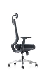 Black mesh chair with curved frame and headrest, side profile on casters