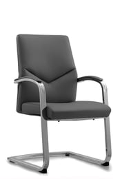 Cantilever base meeting chair with grey upholstery and open armrests
