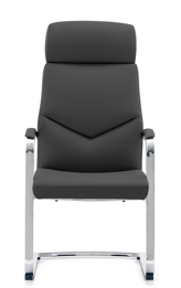 High-back black sled-base visitor chair with padded headrest