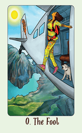 Jasper tarot the fool a woman in a yellow jacket is standing on a plane