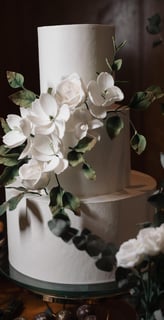 Imagem de um elegante bolo de casamento branco com flores e folhagens decorativas, perfeito para fes