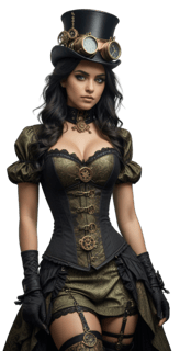 a woman in a steampunky outfit