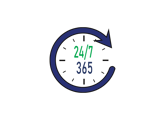 Clock design with the text 24/7/365 and an arrow rotating in a clockwise position.