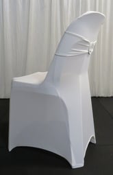White pippee plastic chair dressed in a white spandex cover with matching bling ribbon, for hire in Brisbane.