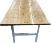 Hickory farmhouse slab table with metal H legs made by Austen at Eternally Furnished.