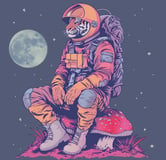 a tiger in a space suit sitting on a mushroom stool