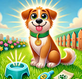 a dog sitting on the grass with a dog in the background