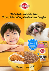 "Three Pedigree campaign visuals showing a young child and a Shih Tzu puppy with different bowls of