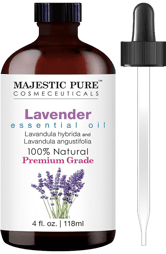 Majestic Pure lavender essential oil bottle labeled 100% natural premium grade, 4 oz with dropper