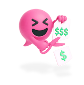 Happy Blabit bubble with closed smiling eyes cutting dollar signs with scissors from paper