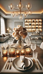 <img src="Ambiente de decoração sofisticado com mesa posta, velas e organização."
