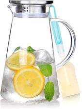 a pitcher of lemonade in a pitcher of water