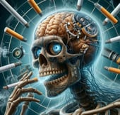 Crâne futuriste entouré de cigarettes, illustrant les dangers du tabac sur le cerveau et le corps