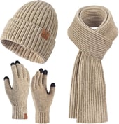 Womens Winter Beanie Hat Scarf Touchscreen Gloves Set Knit Warm Skull Caps Long Neck Scarves for Wom