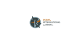 Final frame - Dubai International Airport text flips forward into view along with flat plane logo with filled circle base