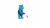 Bear squeezes the nozzle, releasing purple liquid that fills a lightning bolt shape