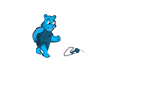 The blue bear walks confidently to center to start the logo animation