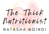 a pink and gold logo with the words, the the thick nutritionist, natasha ngindi