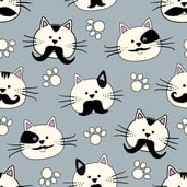 fabric for cat toys with cats, mustaches and paws on a grey background
