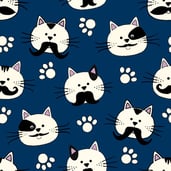 fabric for cat toys with cats, mustaches and paws on dark blue