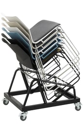 Stackable chairs on a mobile trolley for easy transport and storage