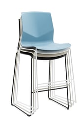 High stack of armless cantilever-style stackable chairs in blue and white