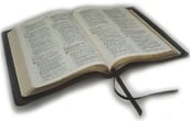 Opened black Bible with black ribbon book markers