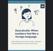 a person with a sign that says dyscalculia on the front page of a leaflet