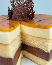 a cake with a chocolate layer of cake and chocolate frosting