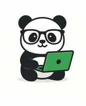 A picture of a panda bear with black glasses holding a green laptop and he is smiling at you.