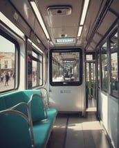 An empty subway platform features illuminated advertising, with a QR code visible in the center. Subway doors are open, revealing the interior seating area. The signage above the platform indicates directions and locations in a transport system.